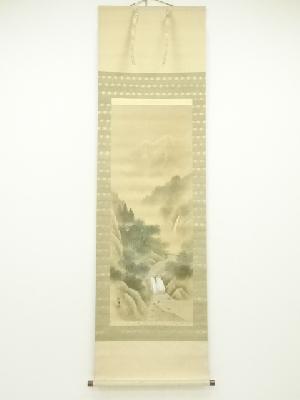 松甫筆　淡彩山水　肉筆絹本掛軸